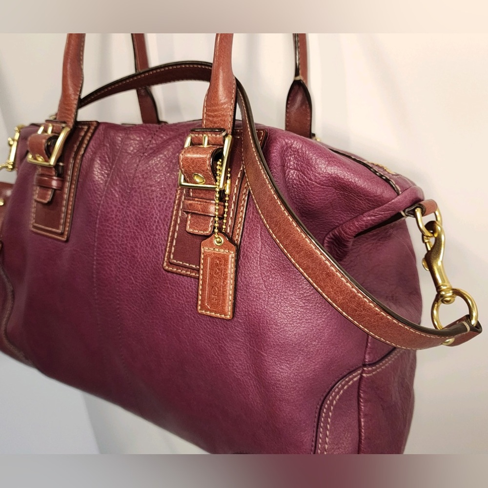 Coach Genuine Pebbled Leather Berry w/Camel Accents Hampton Satchel Bag - Picture 5 of 16